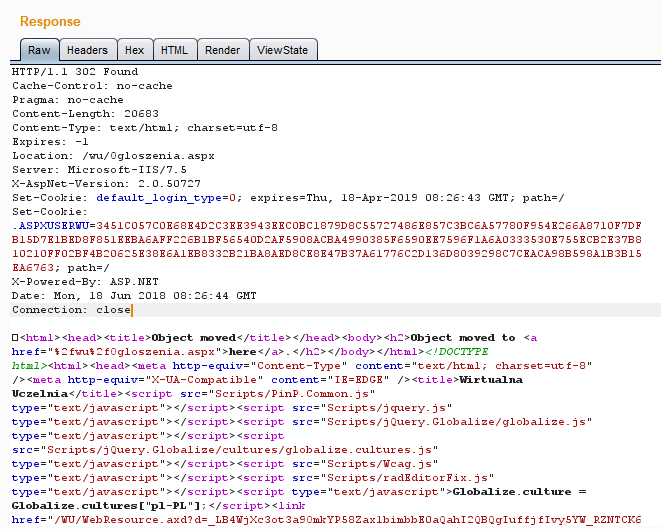 server response that sets an ASPXUSERWU token for the user to serve as the session ID
